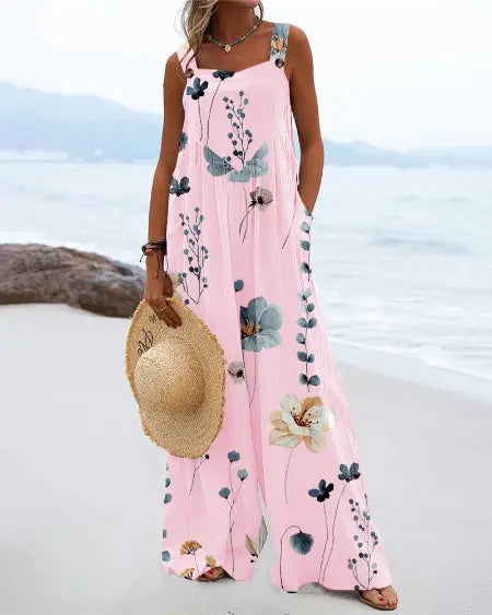 Suspender Jumpsuit with Floral Print & Wide Leg Design