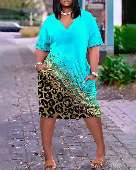 Plus Size Casual Dress with Leopard Print & Pockets
