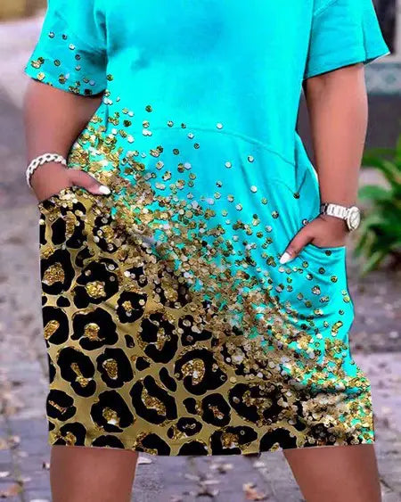 Plus Size Casual Dress with Leopard Print & Pockets