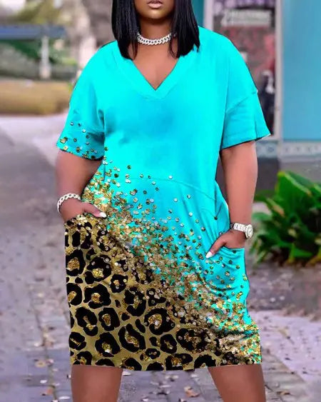 Plus Size Casual Dress with Leopard Print & Pockets