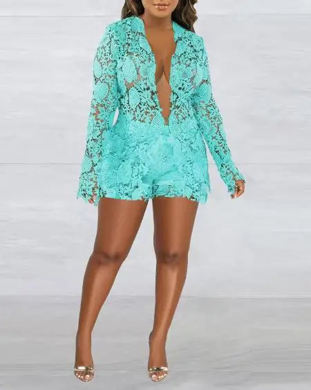 Guipure Lace Long Sleeve Top & Shorts Combo