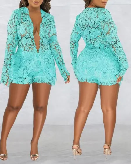 Guipure Lace Long Sleeve Top & Shorts Combo