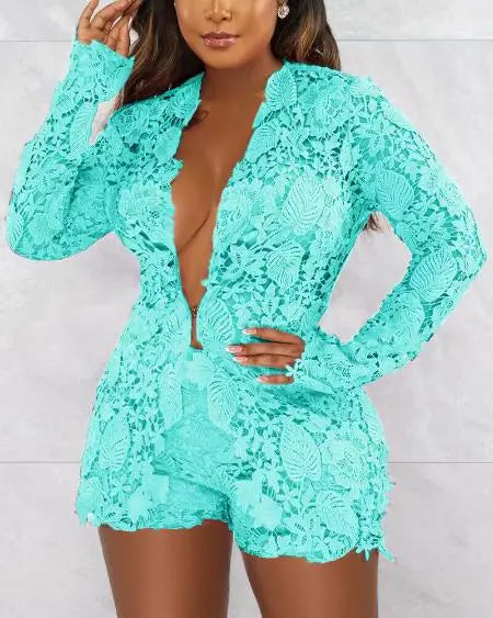 Guipure Lace Long Sleeve Top & Shorts Combo