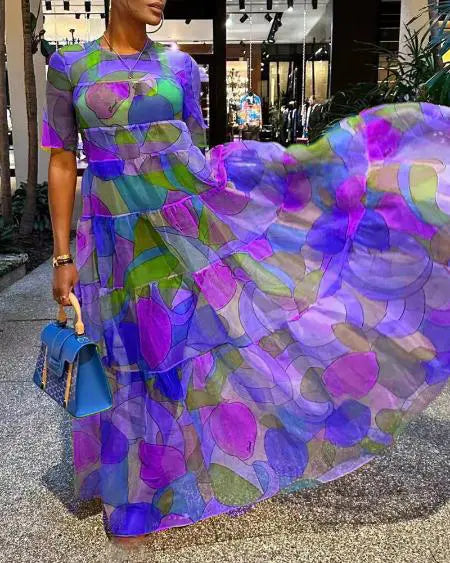 Maxi Dress with Short Sleeves & Fruit Design