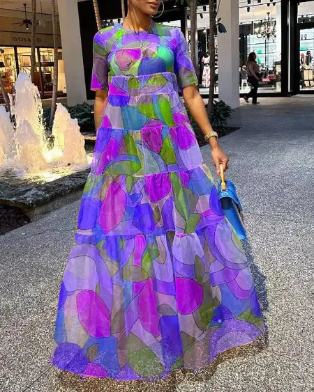 Maxi Dress with Short Sleeves & Fruit Design