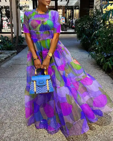 Maxi Dress with Short Sleeves & Fruit Design