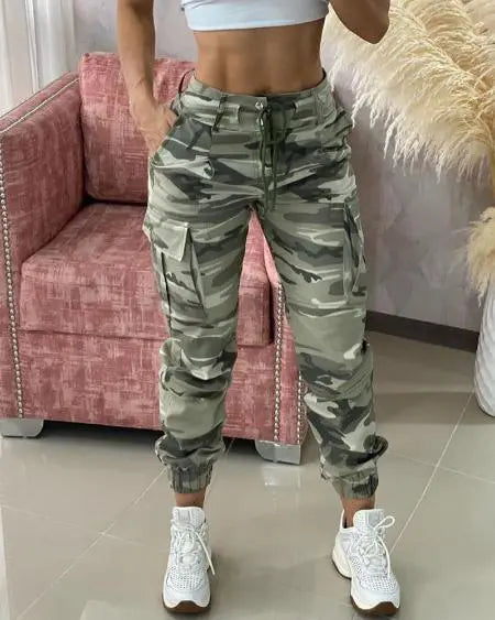 Drawstring Cargo Pants with Camouflage Print