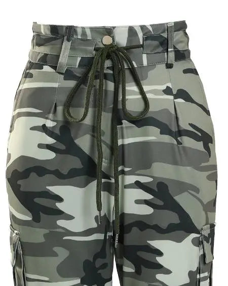 Drawstring Cargo Pants with Camouflage Print