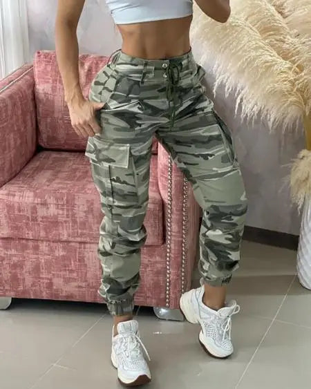 Drawstring Cargo Pants with Camouflage Print