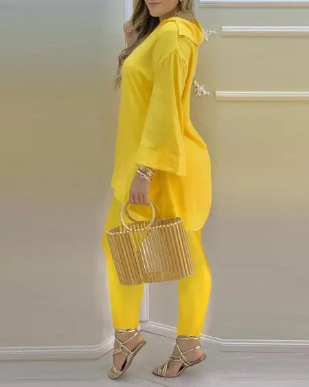 V-Neck Top & Pants Set with Bell Sleeves