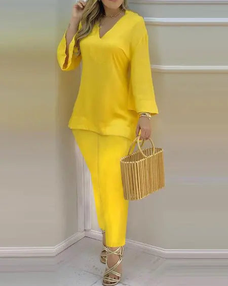 V-Neck Top & Pants Set with Bell Sleeves
