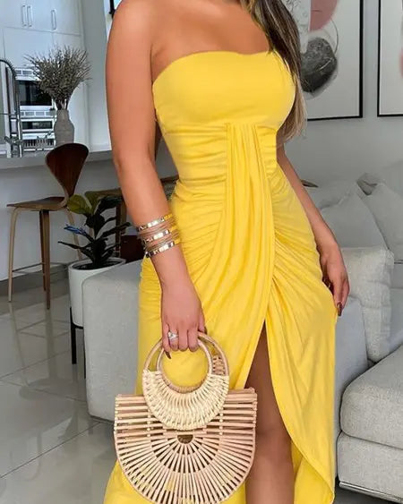 Bandeau Dress with Ruching and Slit Detail