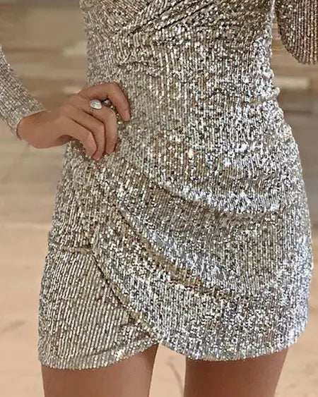 V-Neck Sequin Dress with Ruched Detail