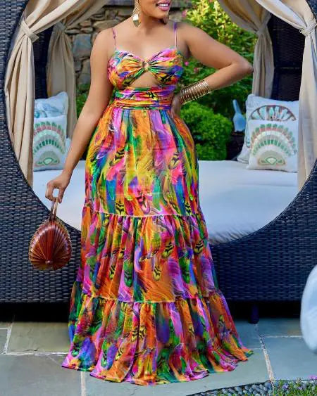 Cami Maxi Dress with Abstract Print and O-Ring Cutout