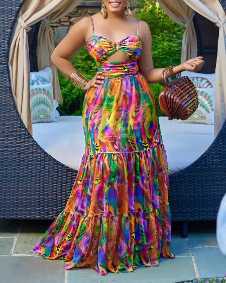 Cami Maxi Dress with Abstract Print and O-Ring Cutout