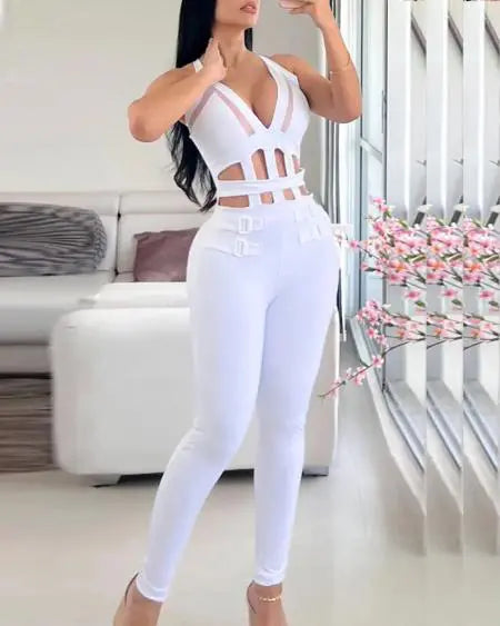 Contrasterende mesh jumpsuit met halter en gespen 