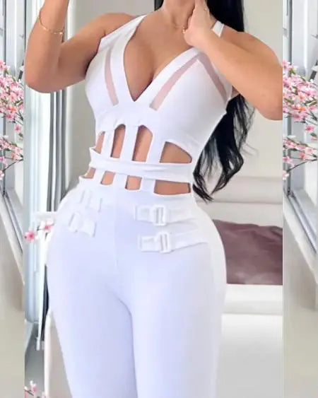 Contrasterende mesh jumpsuit met halter en gespen 