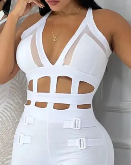 Contrasterende mesh jumpsuit met halter en gespen 