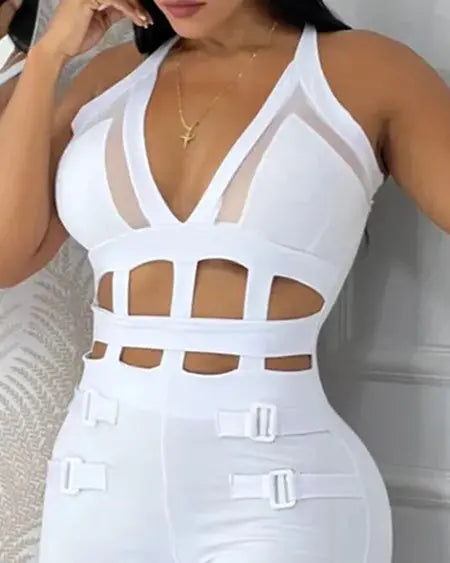Contrast Mesh Jumpsuit with Halter & Buckles