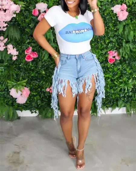 Denim shorts met franjes en ritssluiting 