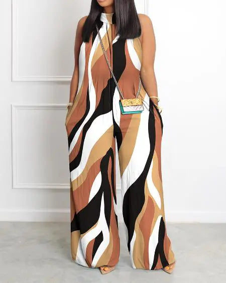 Sleeveless Wide Leg Jumpsuit with Camouflage Print