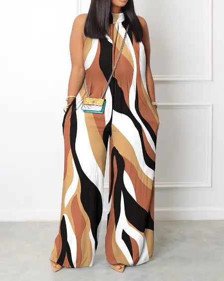 Sleeveless Wide Leg Jumpsuit with Camouflage Print
