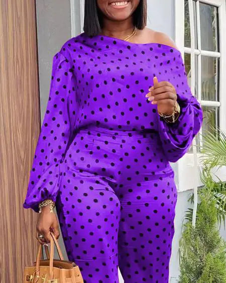 Lantern Sleeve Top & Pants Set with Polka Dot Design