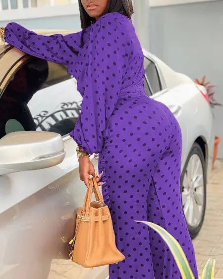 Lantern Sleeve Top & Pants Set with Polka Dot Design