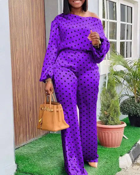 Lantern Sleeve Top & Pants Set with Polka Dot Design