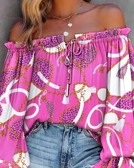 Off-Shoulder Top with Scarf Chain Print