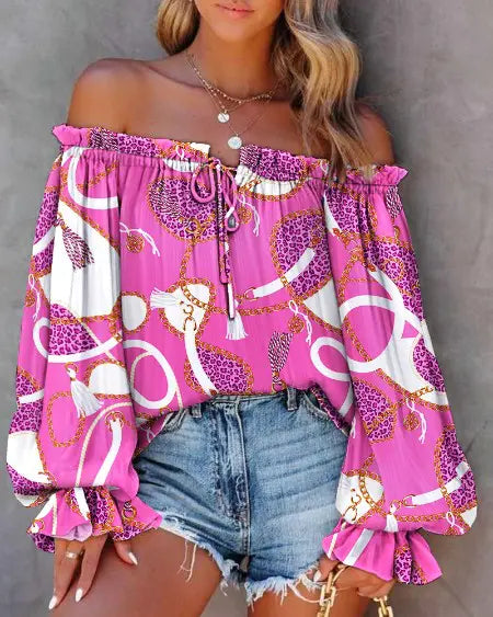 Off-Shoulder Top with Scarf Chain Print