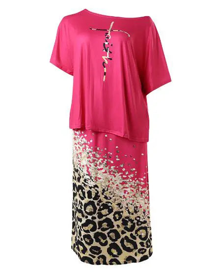 Plus Size Top with Faith Lettering & Leopard Skirt Set