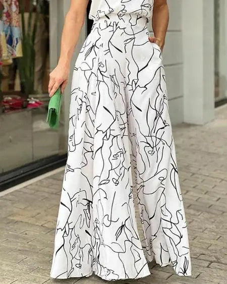 Wide Leg Jumpsuit with Abstract Figure Print