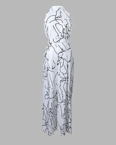 Wide Leg Jumpsuit with Abstract Figure Print