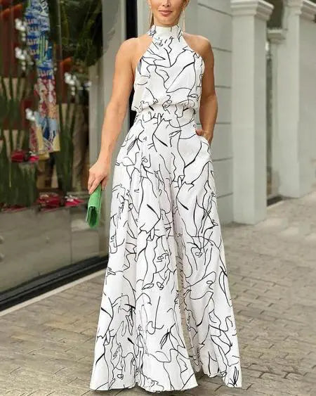 Wide Leg Jumpsuit with Abstract Figure Print