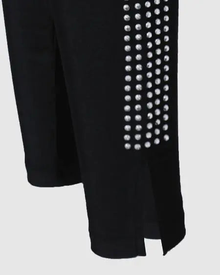 High-Waisted Pants with Rhinestone Detail and Split Hem