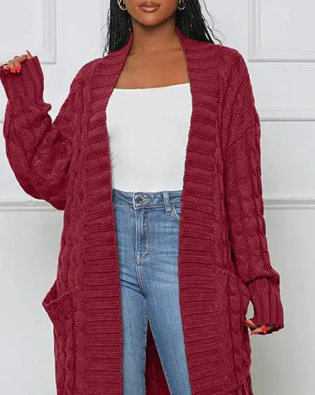 Open Front Longline Cable Knit Cardigan