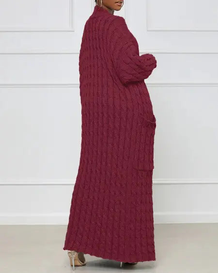 Lang kabelgebreid vest met open voorkant 