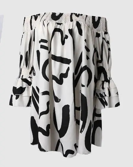 Grote maten off-shoulder jurk met abstracte print 