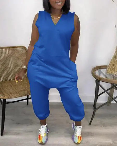 V-Neck Jumpsuit with Pockets & Sleeveless Cut