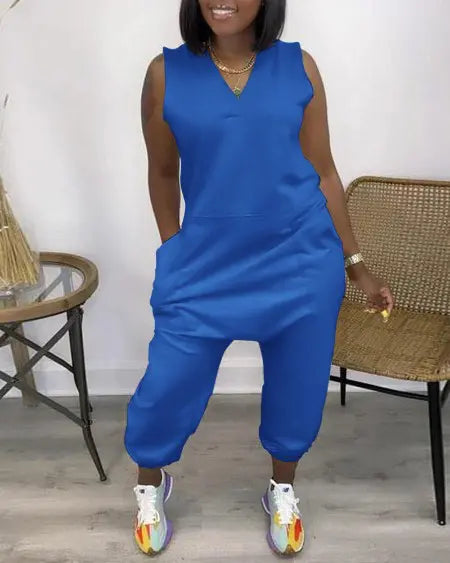 V-Neck Jumpsuit with Pockets & Sleeveless Cut