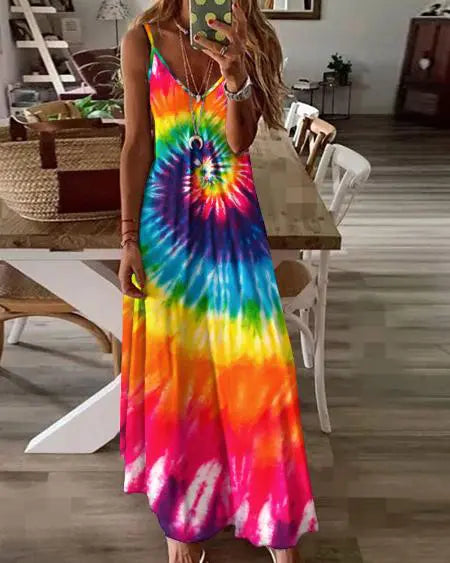 V-Neck Maxi Dress with Tie Dye Print & Spaghetti Straps