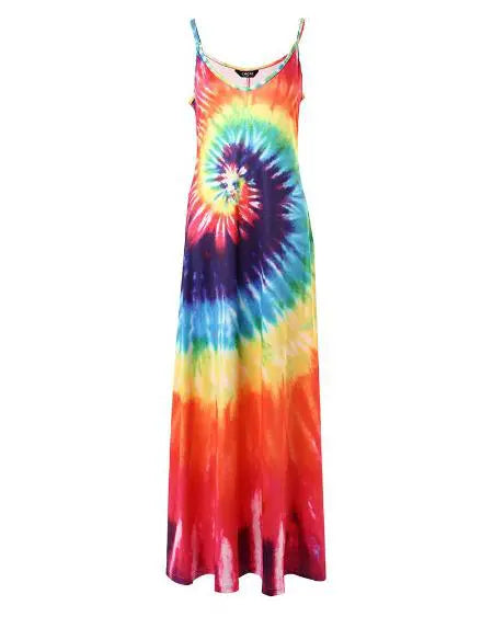 V-Neck Maxi Dress with Tie Dye Print & Spaghetti Straps