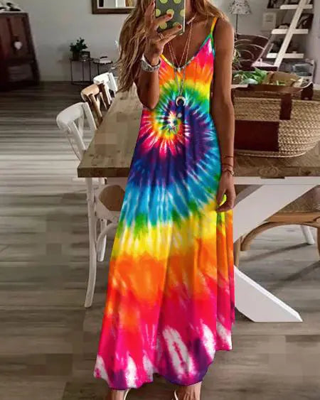 V-Neck Maxi Dress with Tie Dye Print & Spaghetti Straps
