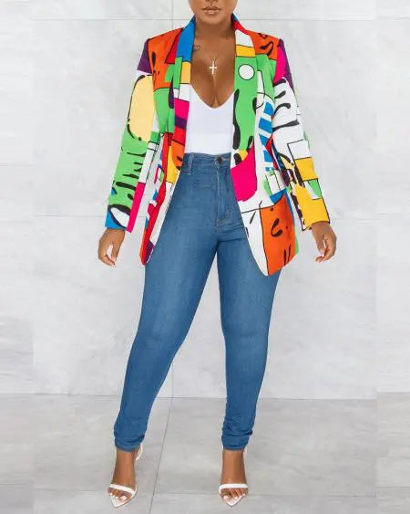 Plus Size Long Sleeve Blazer with Geometric Print & Shawl Collar