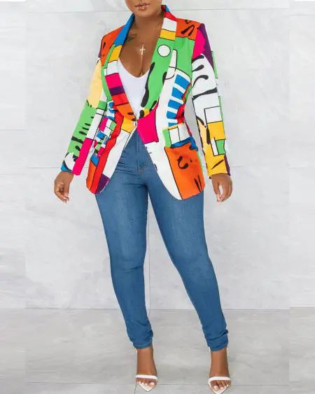 Plus Size Long Sleeve Blazer with Geometric Print & Shawl Collar