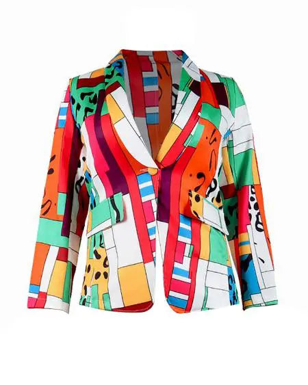 Plus Size Long Sleeve Blazer with Geometric Print & Shawl Collar