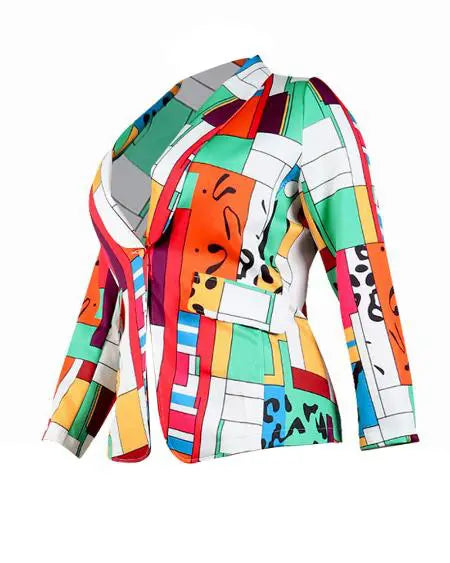 Plus Size Long Sleeve Blazer with Geometric Print & Shawl Collar
