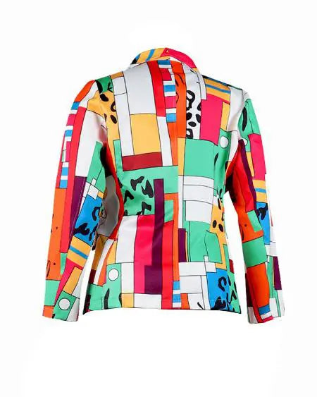 Plus Size Long Sleeve Blazer with Geometric Print & Shawl Collar