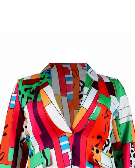 Plus Size Long Sleeve Blazer with Geometric Print & Shawl Collar